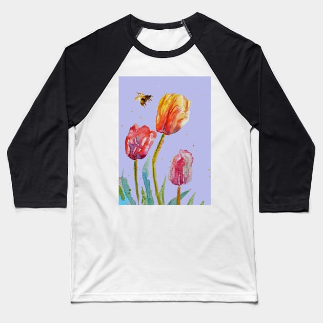 Tulip Flower Watercolor Painting and Bee on Lavender purple Baseball T-Shirt by SarahRajkotwala